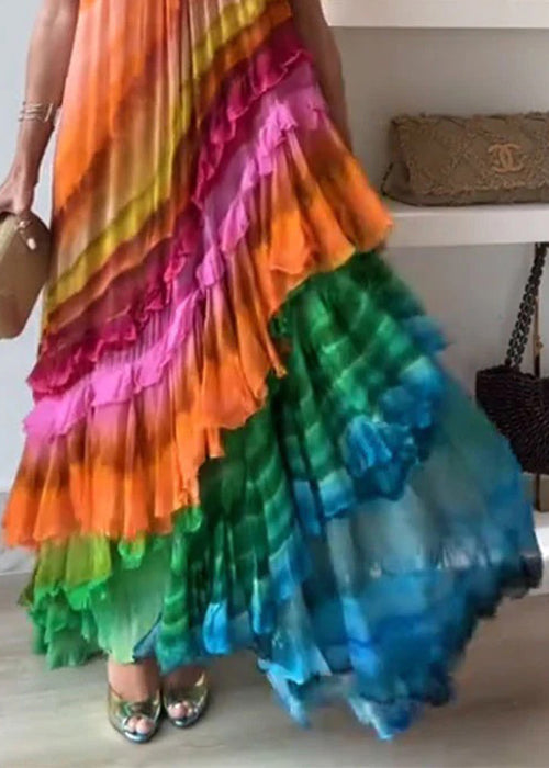Rainbow Wrinkled Lace Up Cotton Maxi Dresses Sleeveless