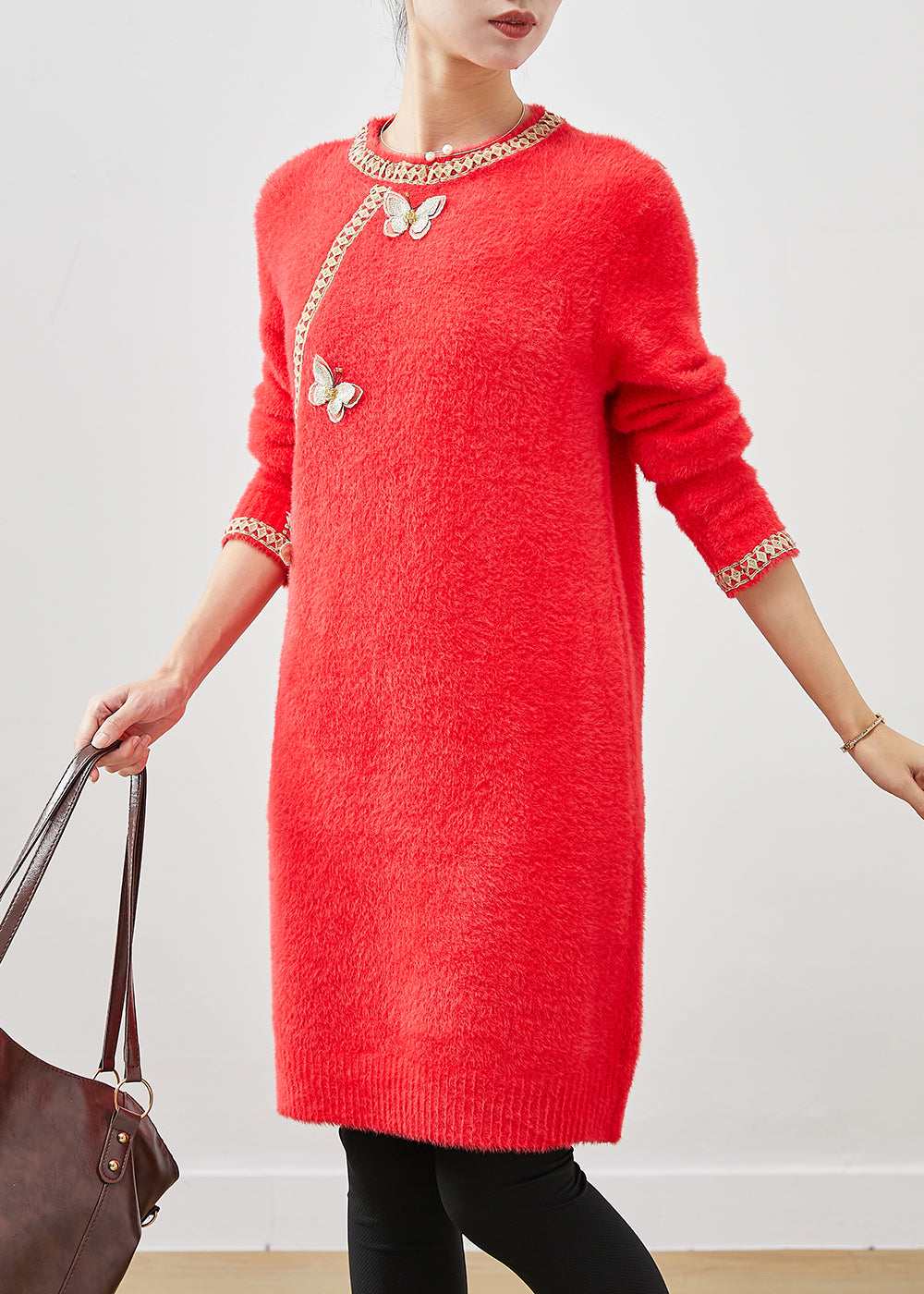 Red Butterfly Knit Sweater Dress Winter