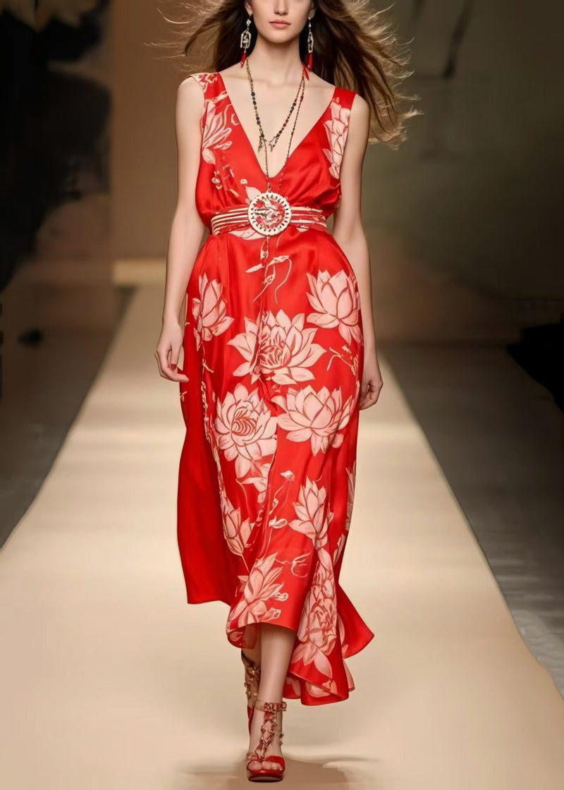 Red Cinched Print Silk Cami Dresses Summer