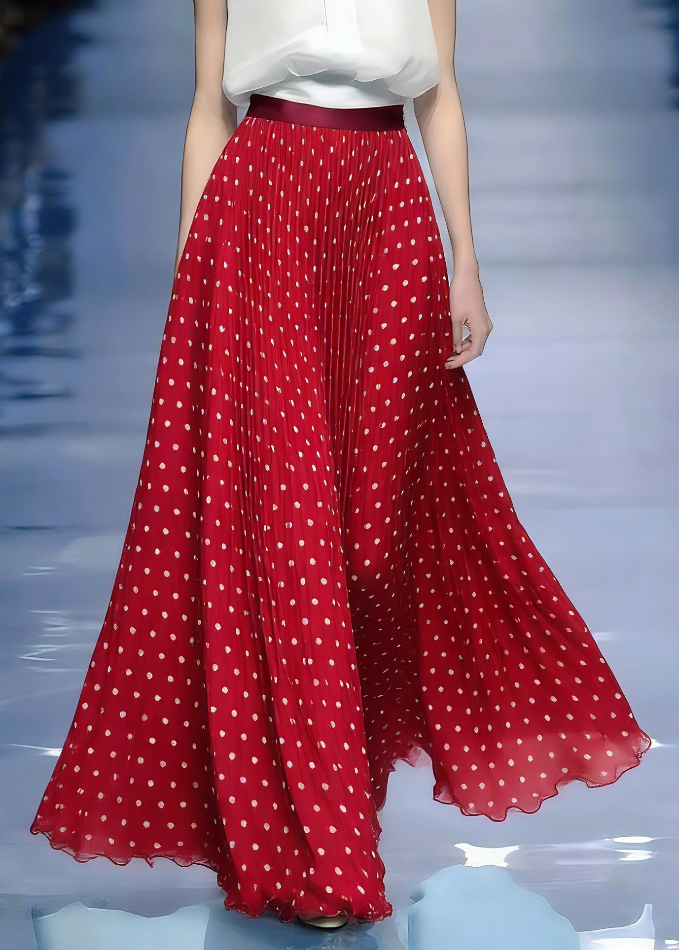 Red Elastic Waist Dot Maxi Skirts Summer