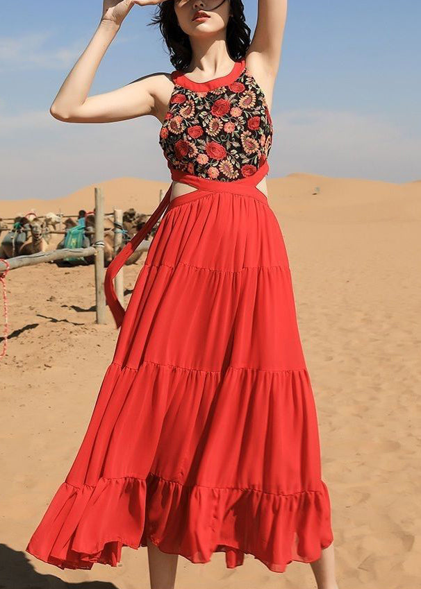 Red Embroidered Lace Up Chiffon Long Dress Sleeveless