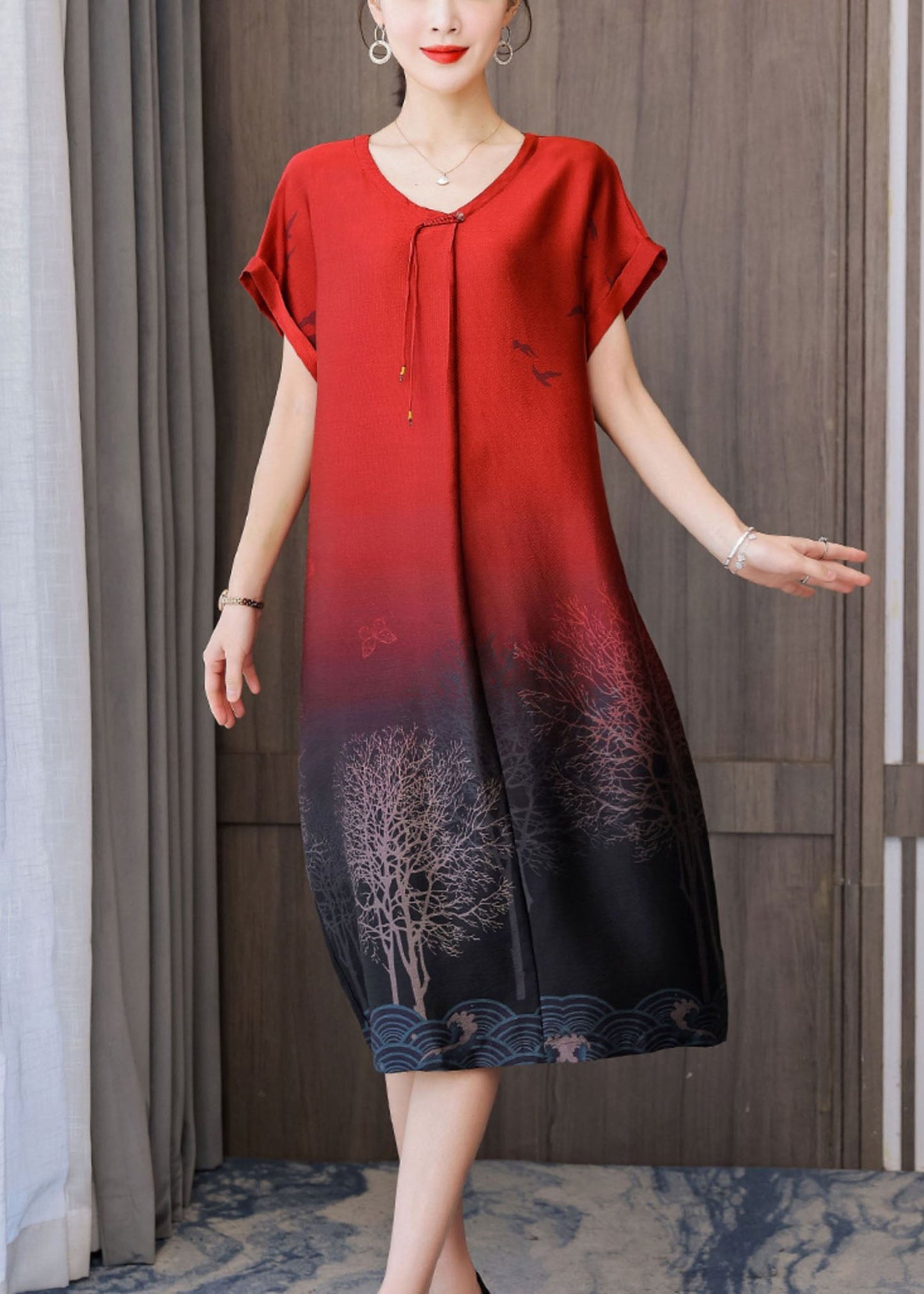 Red Gradient Color O-neck Tassel Print Silk Dresses Short Sleeve