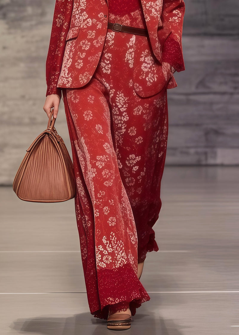 Red Notched Print Spandex Coats and Jumpsuits Two Pieces Set Spring