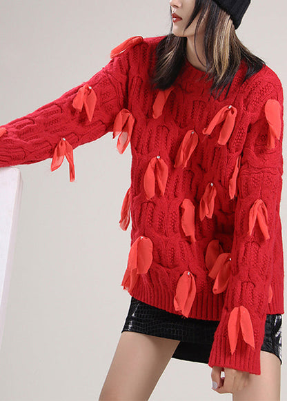 Red O-neck Bow Knit Sweaters Spring
