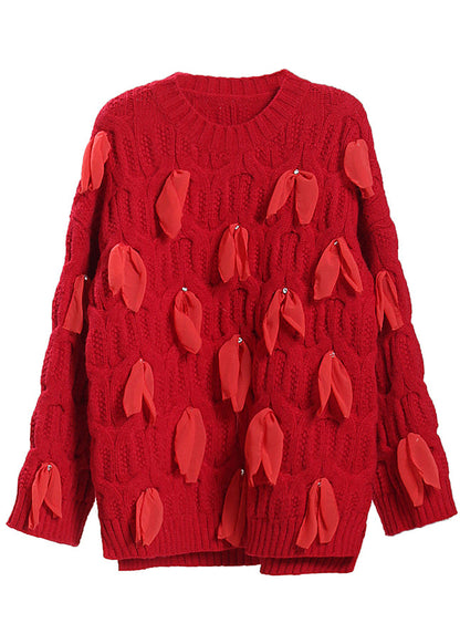 Red O-neck Bow Knit Sweaters Spring