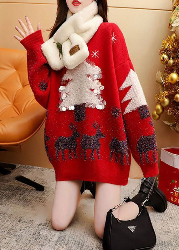 Red O-neck Christmas Jacquard Knit Long Sweater Winter