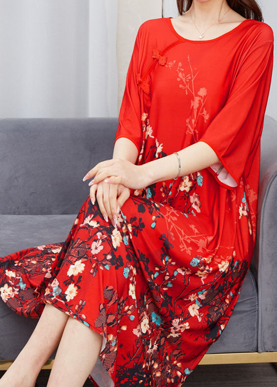 Red O Neck Print Chinese Button Patchwork Chiffon Dress Summer