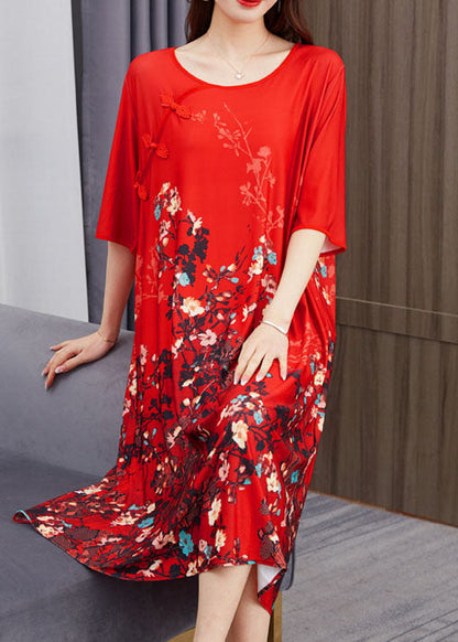 Red O Neck Print Chinese Button Patchwork Chiffon Dress Summer