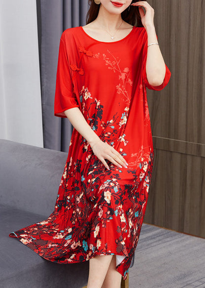 Red O Neck Print Chinese Button Patchwork Chiffon Dress Summer