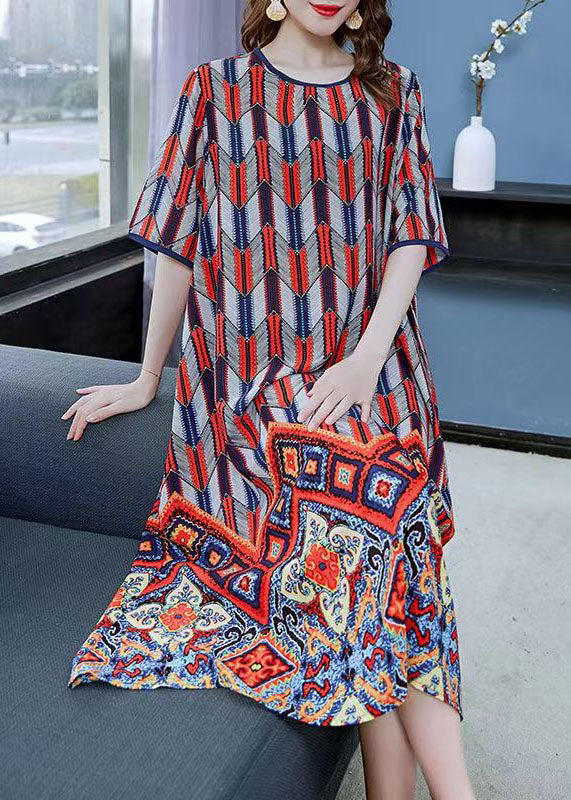 Red O Neck Print Patchwork Chiffon Dresses Summer