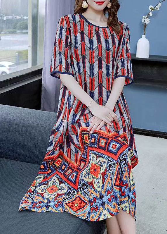 Red O Neck Print Patchwork Chiffon Dresses Summer