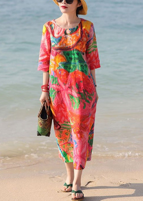 Red O Neck Print Pockets Cotton Vacation Dresses Half Sleeve