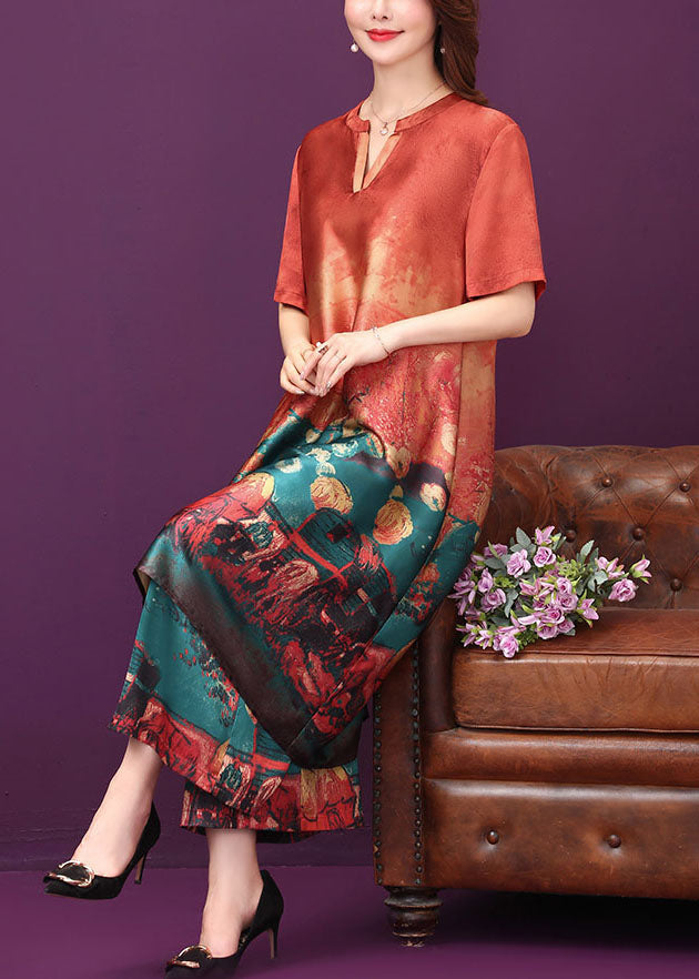 Red O-neck Print Silk Long Dress and Straight Pant Two Piece Set Summer
