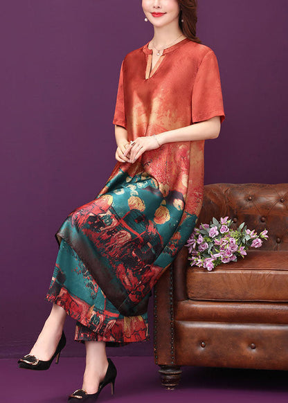 Red O-neck Print Silk Long Dress and Straight Pant Two Piece Set Summer