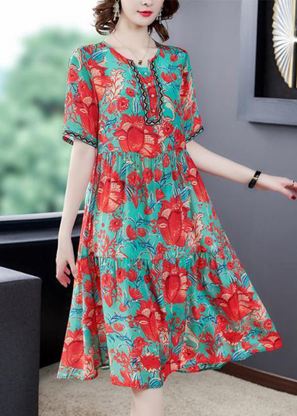 Red O-neck Print Silk Party Dress Summer