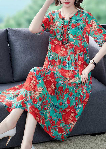 Red O-neck Print Silk Party Dress Summer