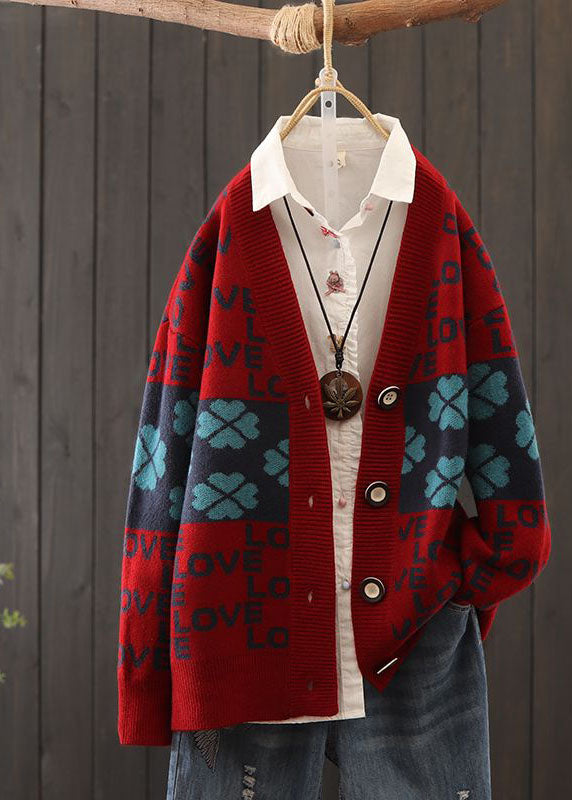 Red Oversized Patchwork Letter Print Knit Cardigans Winter