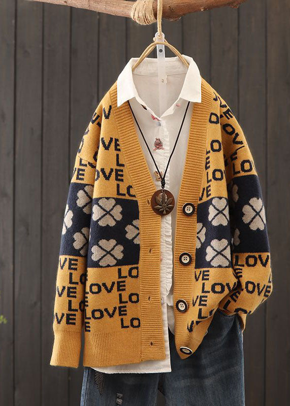 Red Oversized Patchwork Letter Print Knit Cardigans Winter