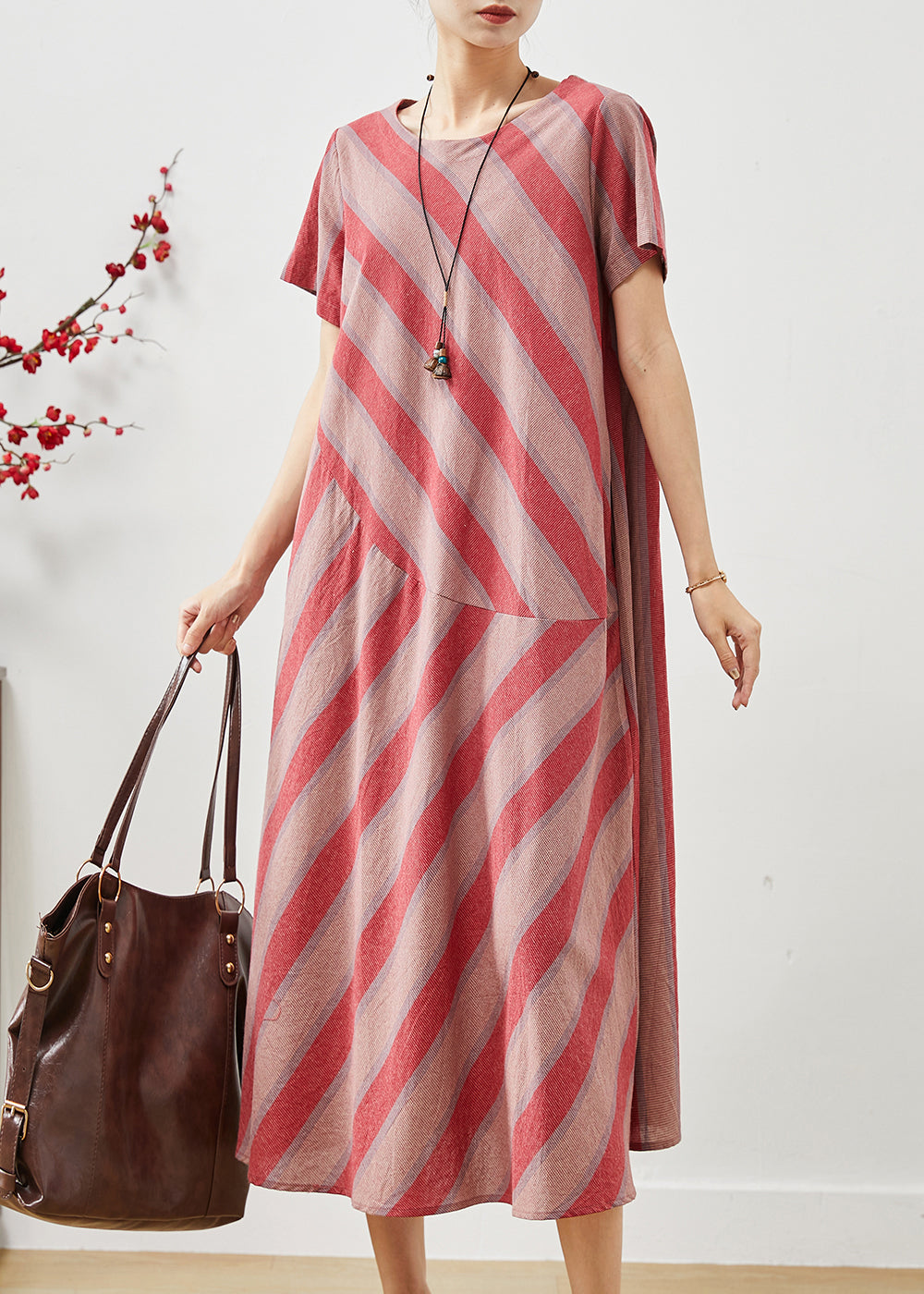 Red Oversized Striped Cotton Robe Dresses Summer