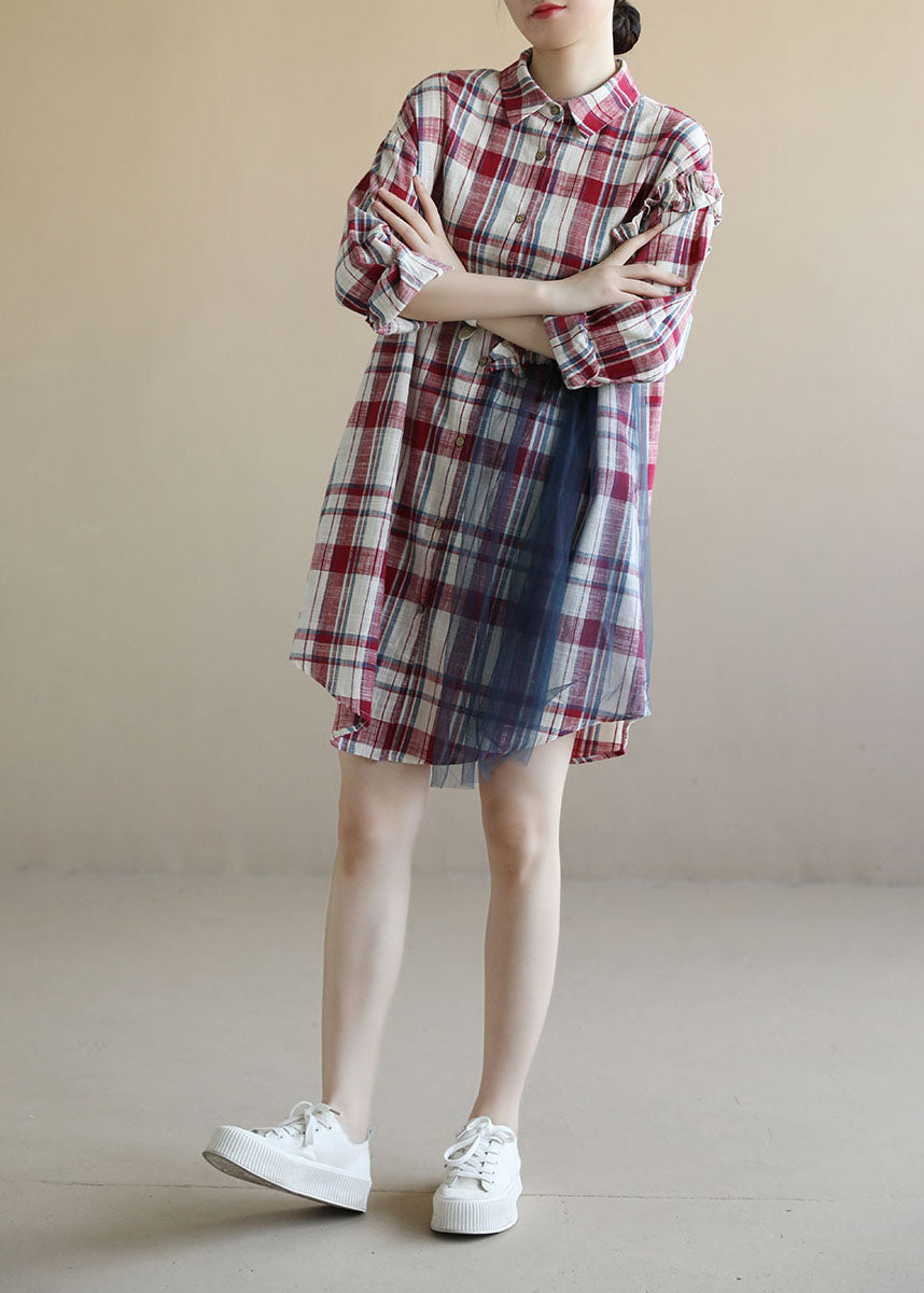 Red Plaid Ruffled Patchwork Tulle Cotton Linen Shirt Dress Long Sleeve