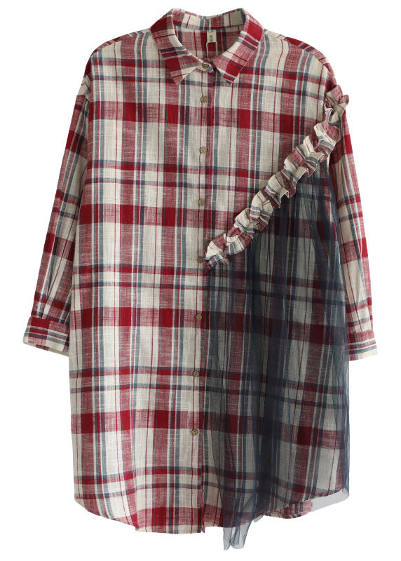 Red Plaid Ruffled Patchwork Tulle Cotton Linen Shirt Dress Long Sleeve