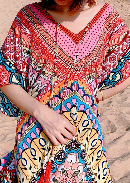 Red Print Beach Gown Mid Dress Summer