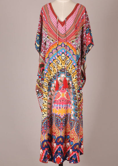 Red Print Beach Gown Mid Dress Summer