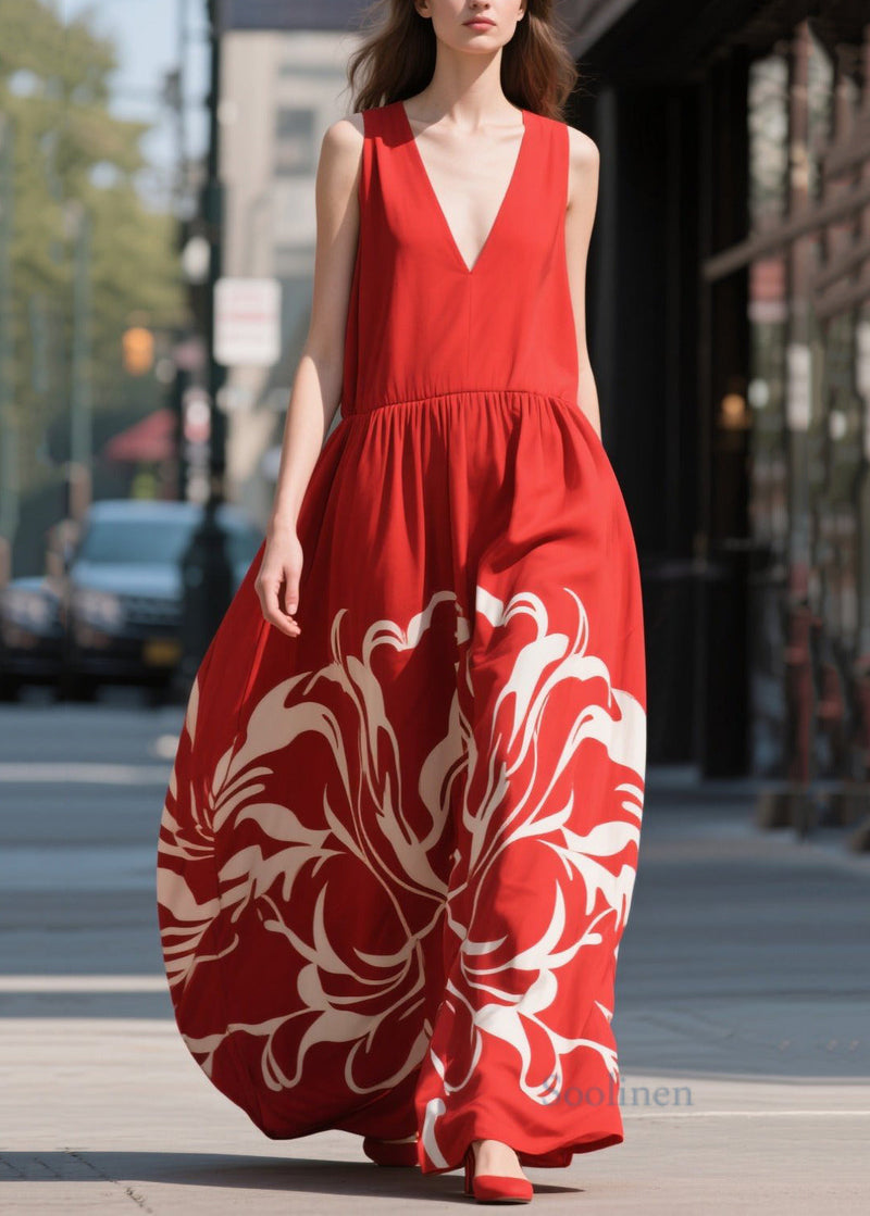 Red Print Chiffon Beach Dress Summer