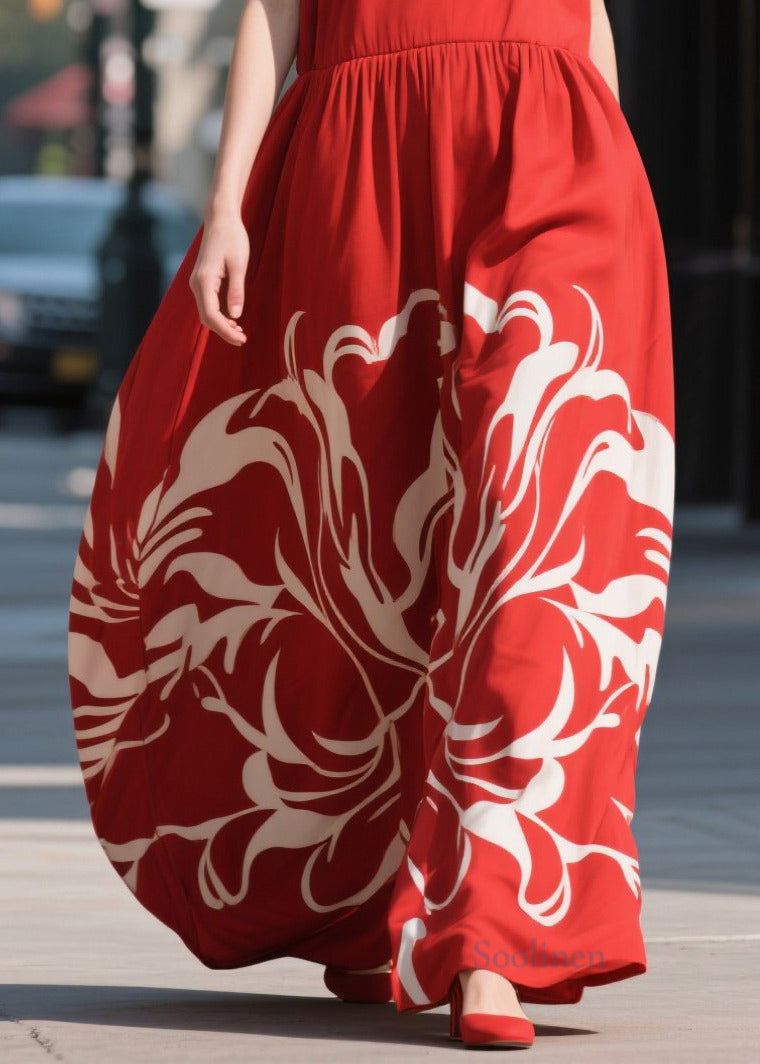 Red Print Chiffon Beach Dress Summer