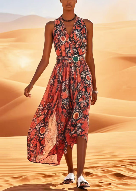 Red Print Cotton Tunic Dress Sleeveless