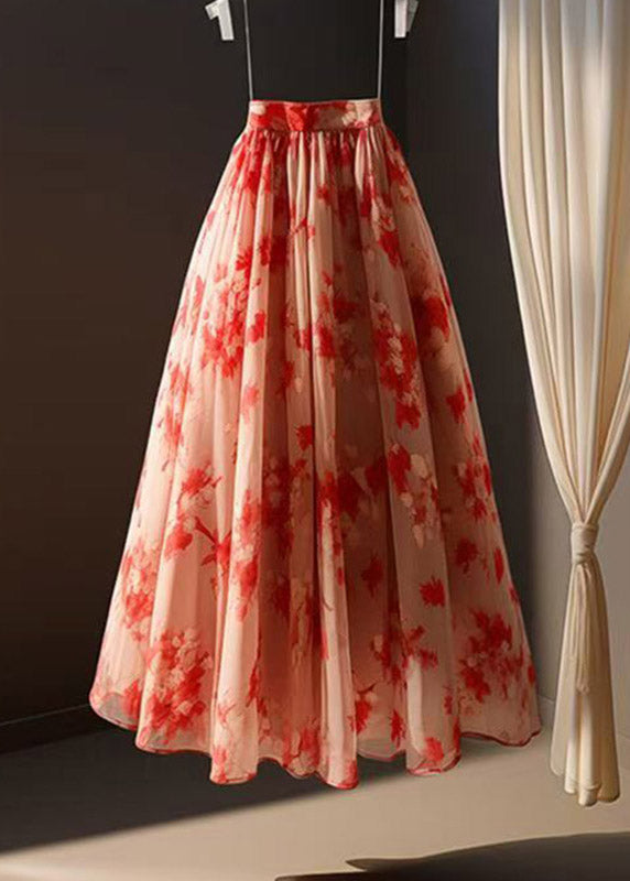 Red Print Elastic Waist Chiffon a Line Skirts Summer