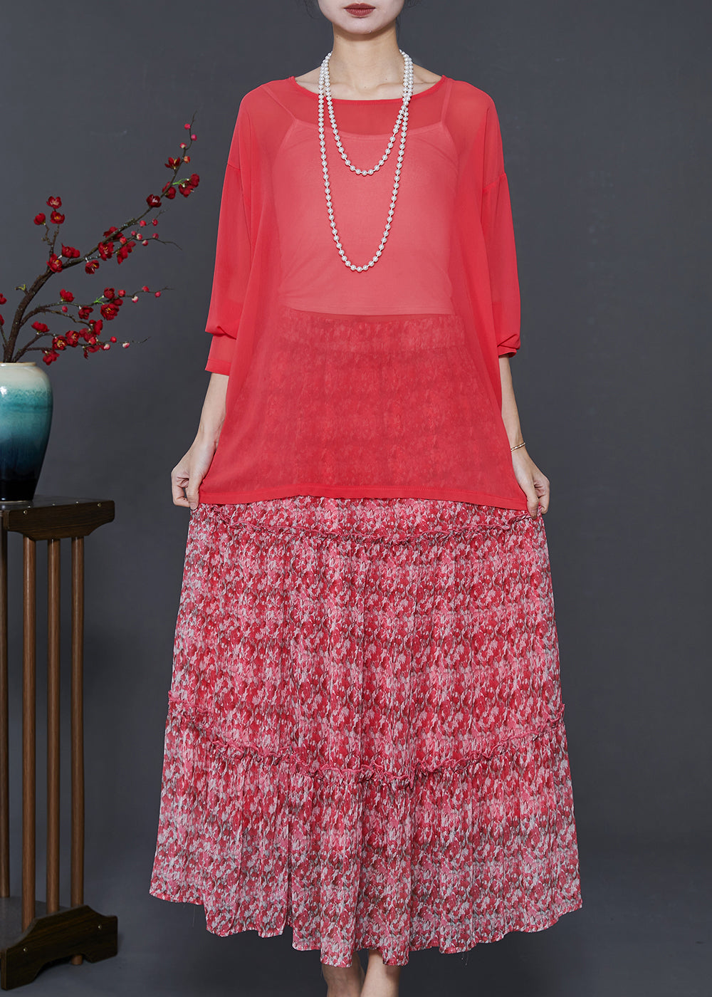 Red Print Exra Large Hem Chiffon Two Piece Set Summer