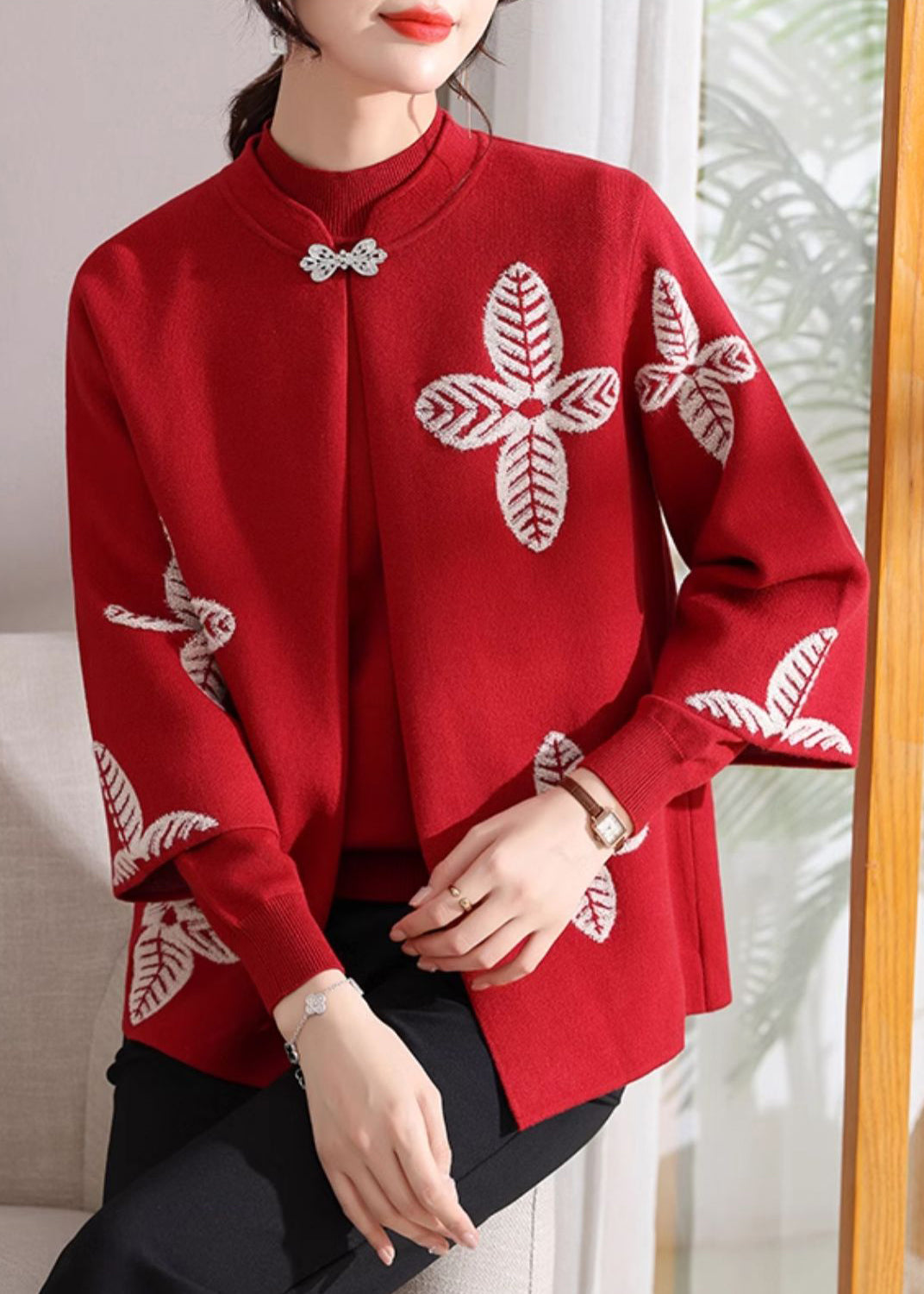Red Print Knit Cardigans and Sweaters Two Pieces Set Spring