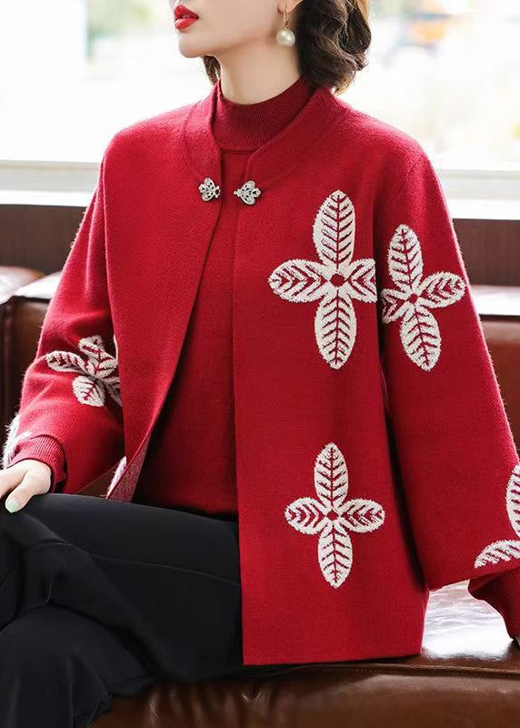Red Print Knit Cardigans and Sweaters Two Pieces Set Spring