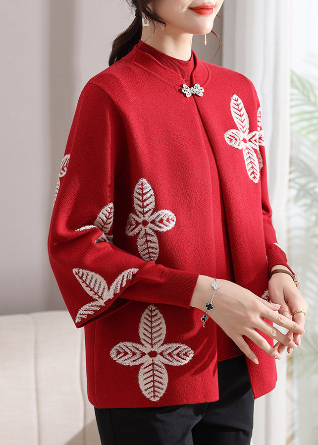 Red Print Knit Cardigans and Sweaters Two Pieces Set Spring