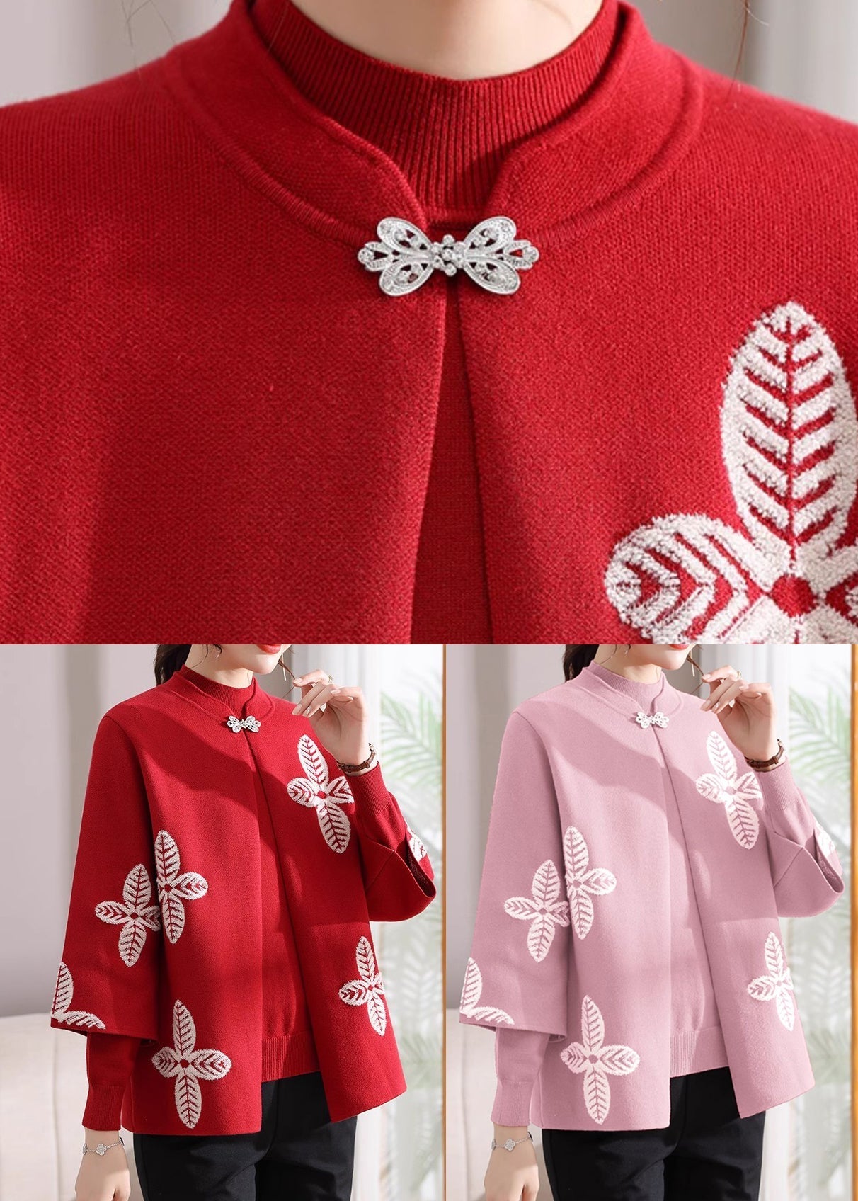 Red Print Knit Cardigans and Sweaters Two Pieces Set Spring