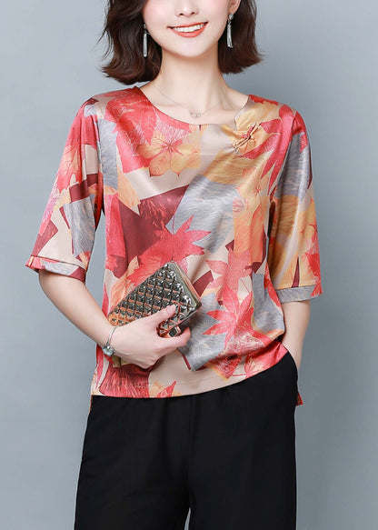 Red Print Oversized Low High Design Silk Top Summer