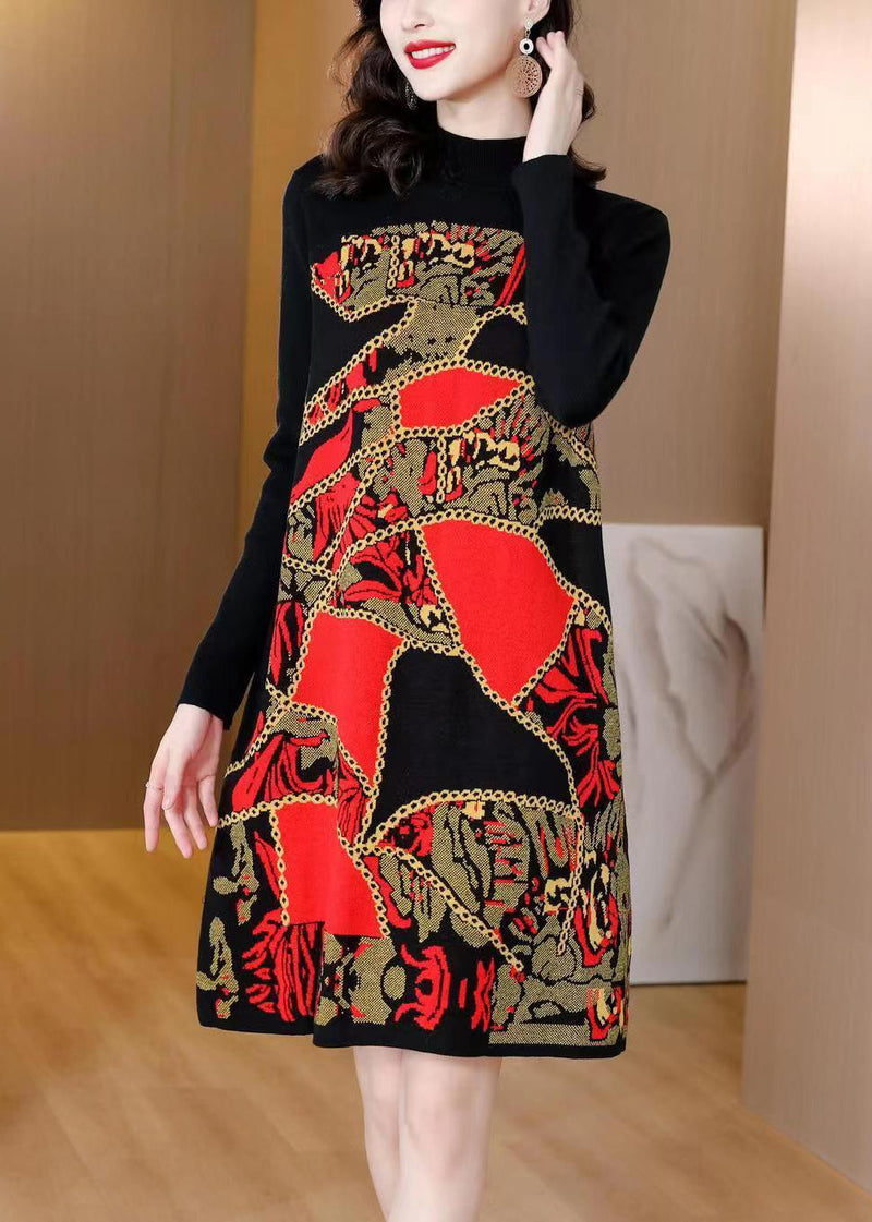 Red Print Patchwork Cotton Knit Mid Dress Winter