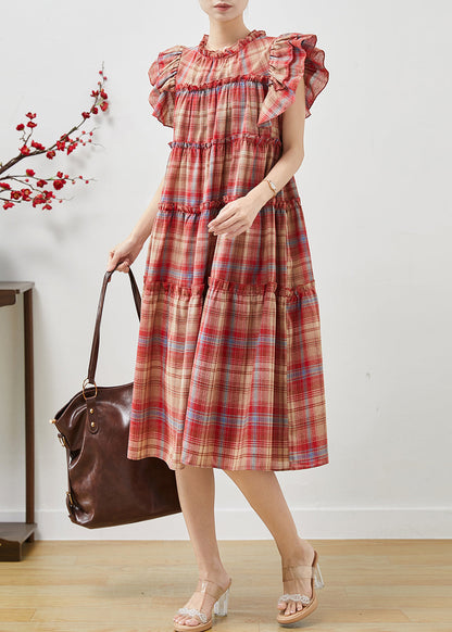 Red Ruffled Plaid Cotton Dresses Butterfly Sleeve