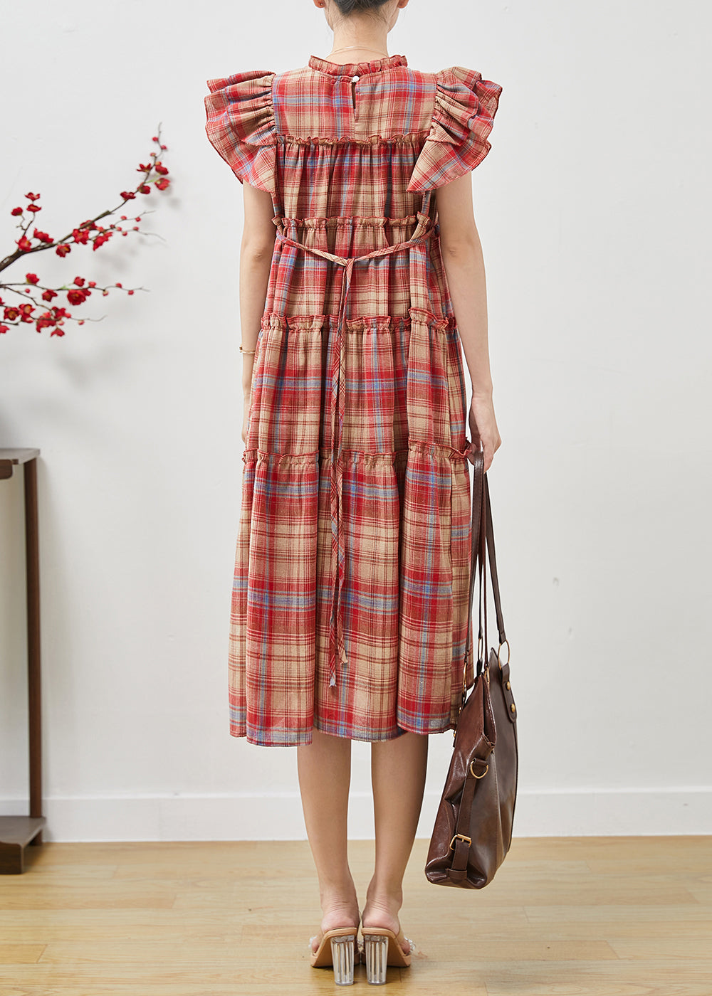 Red Ruffled Plaid Cotton Dresses Butterfly Sleeve