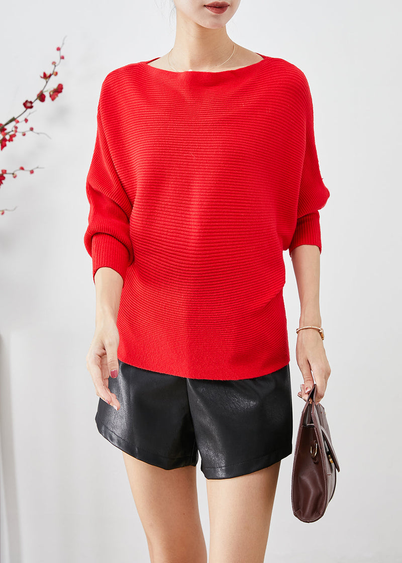 Red Slash Neck Knit Sweater Tops Batwing Sleeve