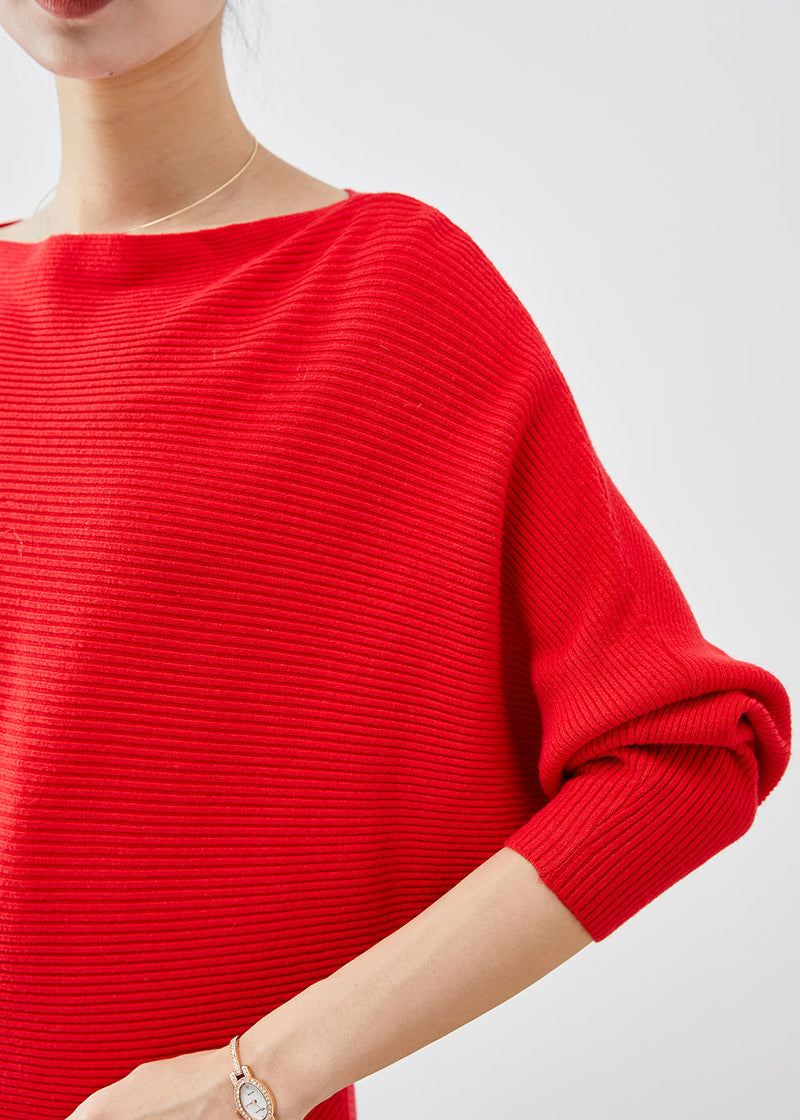Red Slash Neck Knit Sweater Tops Batwing Sleeve