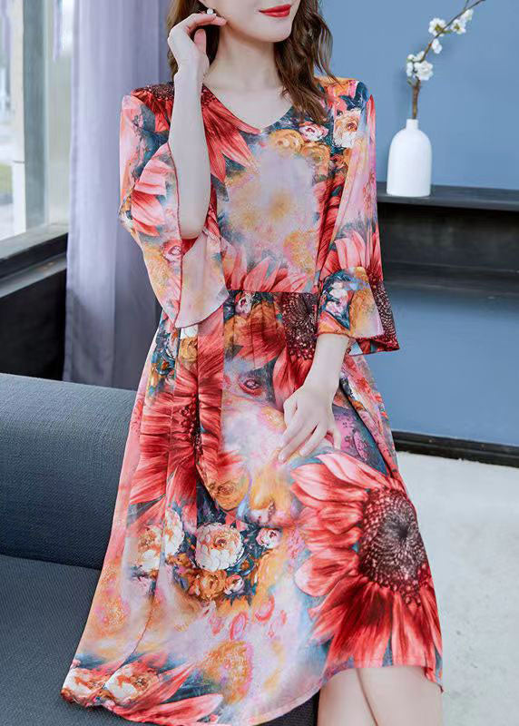 Red the Sunflowers Print Patchwork Chiffon Dresses Butterfly Sleeve
