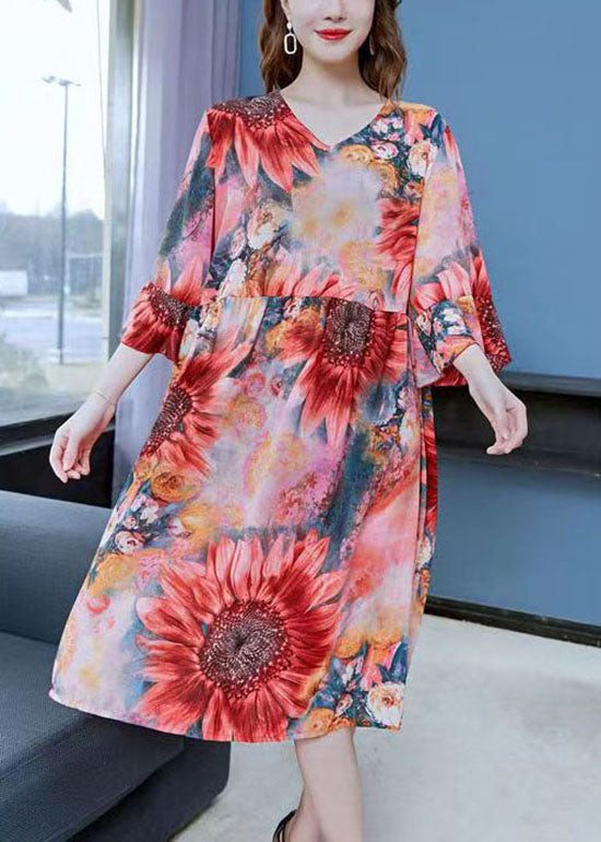 Red the Sunflowers Print Patchwork Chiffon Dresses Butterfly Sleeve
