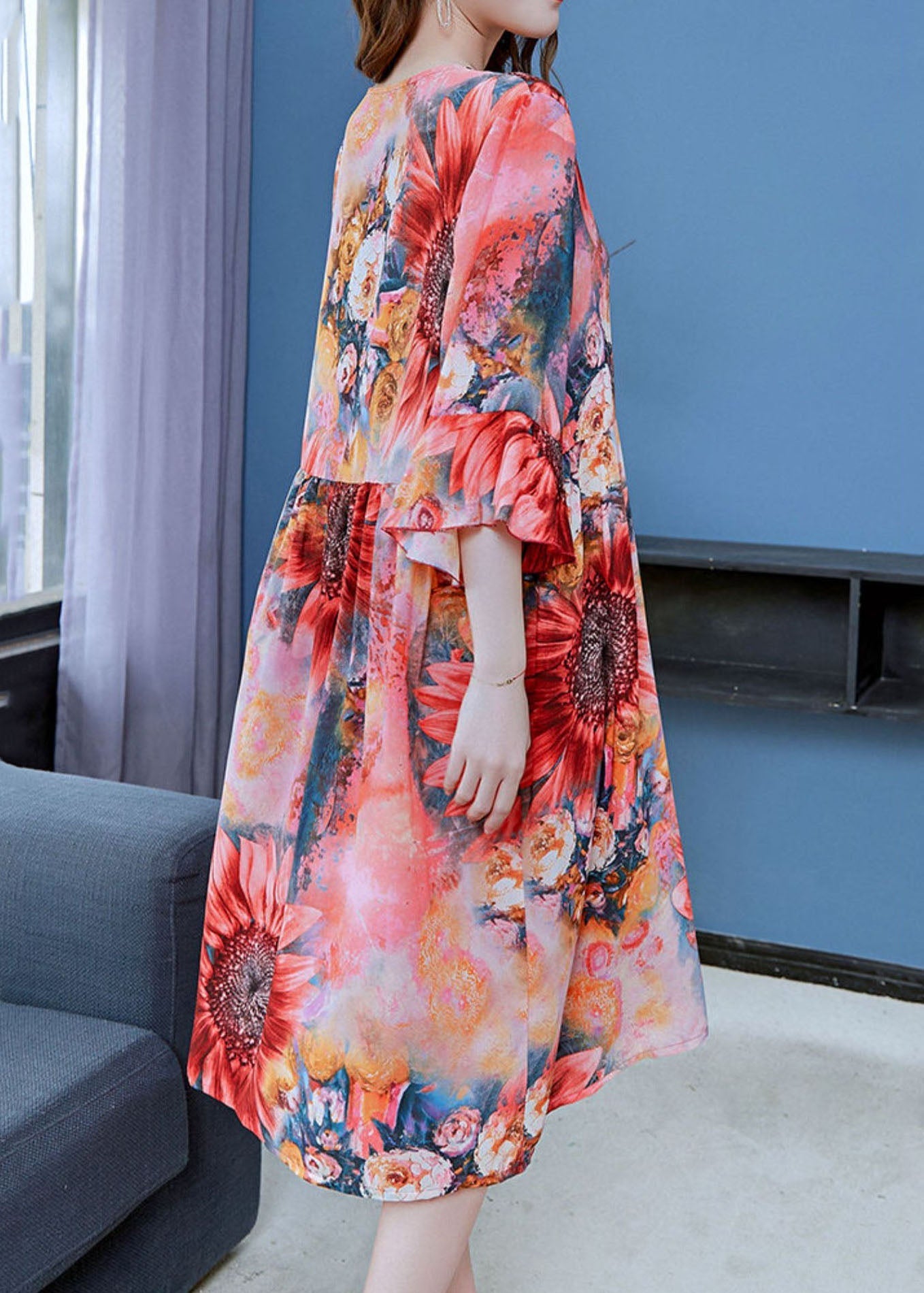 Red the Sunflowers Print Patchwork Chiffon Dresses Butterfly Sleeve