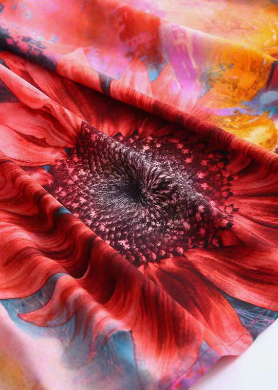 Red the Sunflowers Print Patchwork Chiffon Dresses Butterfly Sleeve