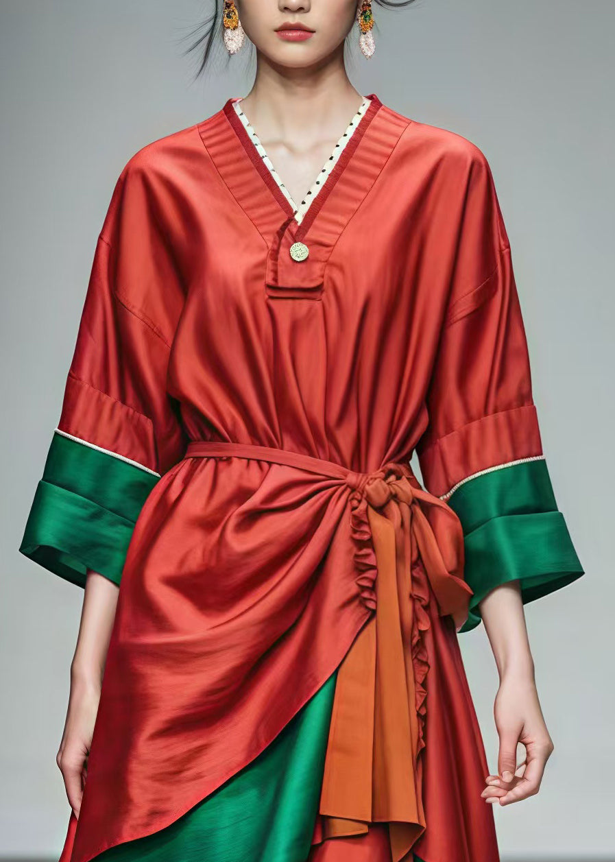 Red Tie Waist Patchwork Cotton Holiday Dresses Summer