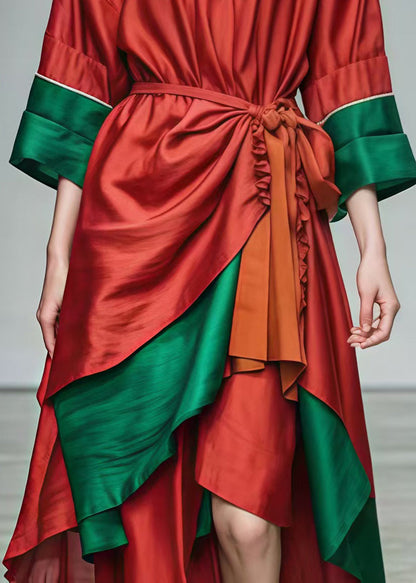 Red Tie Waist Patchwork Cotton Holiday Dresses Summer