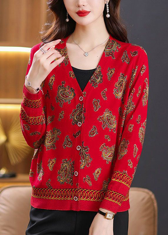 Red V Neck Button Print Wool Knit Cardigan Spring