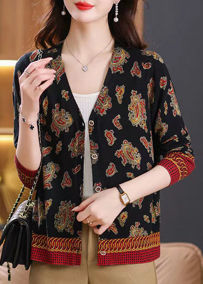 Red V Neck Button Print Wool Knit Cardigan Spring